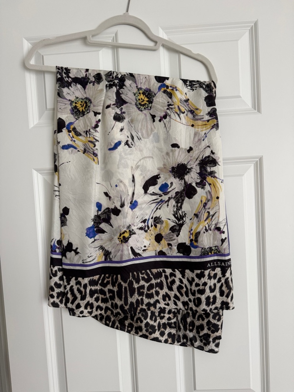 All Saints Floral & Leopard Print 100% Silk Scarf in White, Black, Blue, Yellow